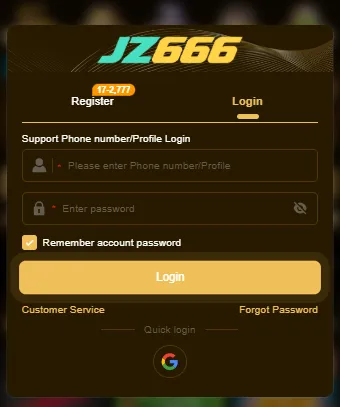 JZ666 login screen with phone number or profile, password, Forgot Password and Google quick login