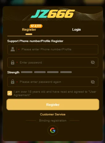 JZ666 registration form with phone number, password strength meter, 18+ checkbox and Google sign-up